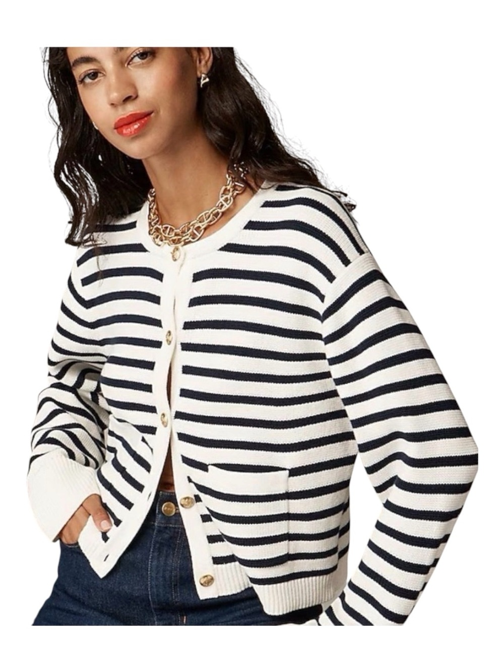 J. Crew Relaxed Emilie Sweater Jacket Natural Navy Stripe Cardigan XL Boxy - Picture 9 of 10